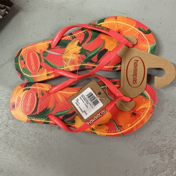 NWT Havaianas Slim Flip Flops Tropical Coral with Gold Metallic Logo on Strap - Picture 4 of 9